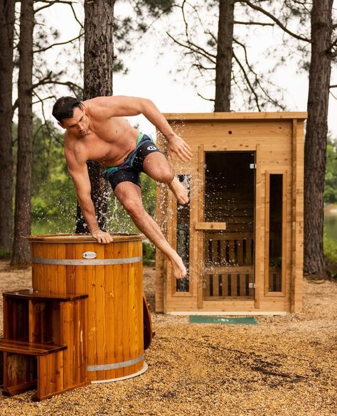 Redwood Outdoors (@redwoodoutdoorsco) • Instagram photos and videos Outdoor Sauna And Plunge Pool, Barrel Sauna And Cold Plunge, Cold Plunge Tub And Sauna, Outdoor Sauna Cold Plunge Ideas Backyards, Garden Sauna And Ice Bath, Sauna Backyard Ideas, Winter Hot Tub Ideas, Sauna Ice Bath Set Up, Cold Plunge At Home