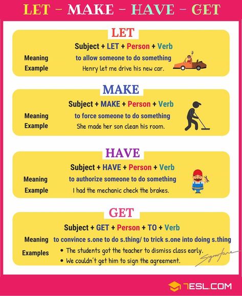 Oct 22, 2018 - Causative Verbs! What is a causative verb? Learn how to use English Causative Verbs (Let, Make, Have, Get) with useful rules, video, examples and ESL worksheet. Causative Verbs, English Verbs List, Verbs In English, Verb Examples, English Grammar Rules, Verbs List, English Speaking Skills, Teaching English Grammar, Verb Worksheets