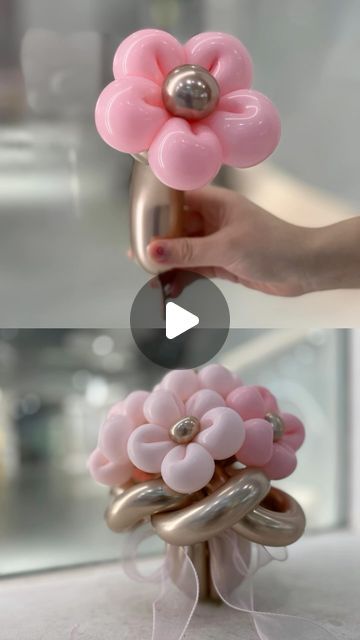 Flower Bouquet Balloon Ideas, How To Balloon Flower, Balloon Flower Bouquet Tutorial, How To Make Flower Balloons Diy, How To Make A Bouquet Ballon, Flowers Balloons Decorations, Flower Balloons Bouquet, How To Make A Flower Balloon, Flower Balloon Tutorial