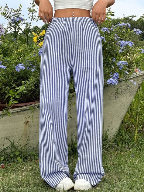 Blue and White Casual Collar  Woven Fabric Colorblock,Striped Straight Leg Embellished Non-Stretch  Women Clothing Preppy Bottoms, Long White Shirt, Summer Linen Pants, Striped Linen Pants, White Pants Women, Striped Pant, Trendy Pants, Stripe Pants, Outfit Inspo Casual