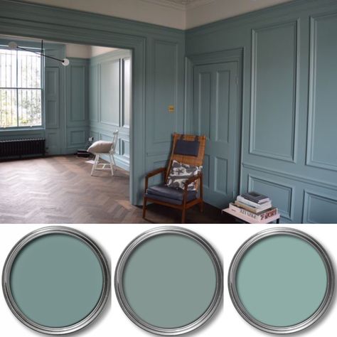 Farrow And Ball Green, Bedroom Blues, Blue Study, Color Drenching, Black Hallway, Blue Hallway, Green Chinoiserie, Zyla Colors, Monochromatic Room