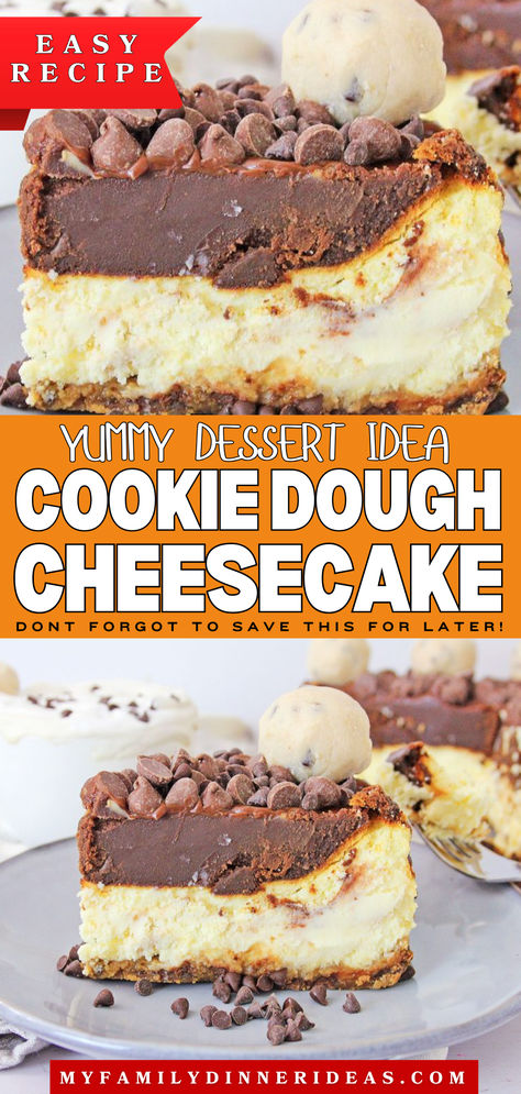 Chocolate chip cookie dough cheesecake Cookie Dough Stuffed Cupcakes, Edible Cookie Dough Balls, Cookie Dough Flavors, Chocolate Chip Cookie Dough Cheesecake, Edible Chocolate Chip Cookie Dough, Chocolate Ganache Glaze, Cookie Dough Cupcakes, Cookie Dough Cheesecake, Cheesecake Layer