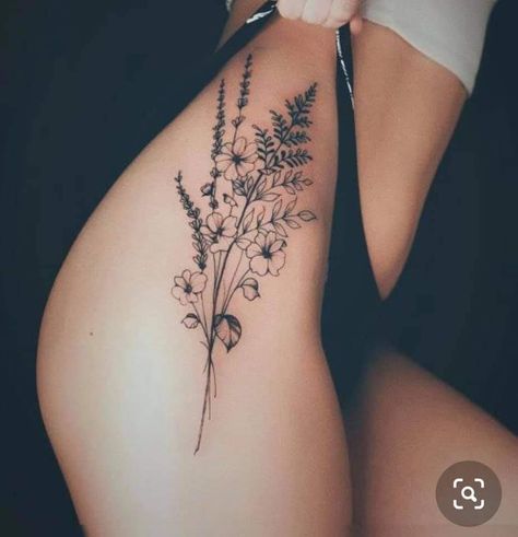 Girl Thigh Tattoos, Flower Thigh Tattoos, Hip Thigh Tattoos, Beautiful Flower Tattoos, Hip Tattoos Women, Thigh Tattoos Women, Hip Tattoo, Simplistic Tattoos, Pretty Tattoos