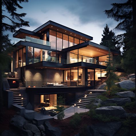 Modern Mountain Style Homes, Modern House In Woods Aesthetic, Modern Mansion In The Woods, Ultra Modern Homes Exterior, House In The Woods Modern, Bloxburg Mountain House, Modern House In Woods, Modern Mountain House Exterior, Small Home Hacks