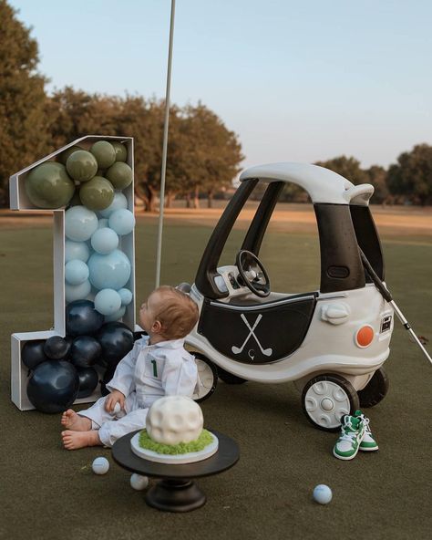 Golf Birthday Photoshoot, Golf Party Cake Ideas, Hole In One Photo Shoot, Baby Golf Photoshoot, Baby Golf Birthday Party, Cozy Coupe Golf Cart, Masters First Birthday Party, Golf 1st Birthday Party, Hole In One Birthday Party