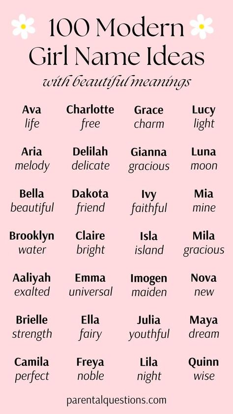 100 chic and modern girl names that are trendy and underused. Click through for our list of the best modern girl names with meaning, including cute, chic, unique, and modern girl names. Baddie Girl Names, Modern Girl Names, Names For Girls Unique, Modern Baby Girl Names, Girl Name Ideas, Girl Names Unique, Good Truth Or Dares, Modern Baby Girl