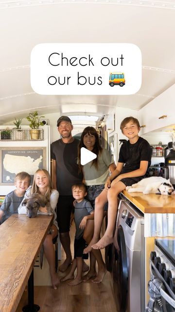 Jim & Cara Hocking + 4 kids | BUS LIFE & ADVENTURE TRAVEL on Instagram: "Skoolie Bus 🚌 tour.  Our family of six (plus a dog 🐕 and cat 🐈 ) live and travel in this 36’ converted school bus.  We have a double farm sink, full size washer and dryer, a barn wood table (which converts into a couch) that seats all six of us, four bunk beds, Nebia (by @moeninc) shower head, and queen size bed in the back.  We have a large solar ☀️ system with 3150 watts of solar 🌞 and a 200 gallon fresh water tank 💦 on board.  For a full tour, check out our YouTube channel where we just released our full bus 🚌tour 🤗. Link to our channel in our bio.  I’m not sure we make it look easy, but we have had a great 8 months in this bus 🚌. Would you ever consider something like this?  Why or why not? . . #instabus # Remodeled School Bus Interiors, Family Skoolie, Bus Transformation Tiny Homes, School Bus Conversion Family, Skoolie With Bunk Beds, Skoolie Bunk Beds, Short Bus Conversion, Four Bunk Beds, Kids Bus