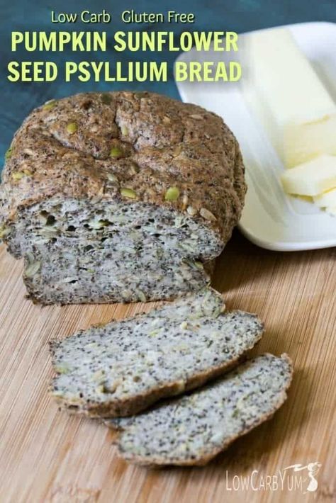 A low carb gluten free sunflower and pumpkin seed bread made with psyllium. It's packed with hearty seeds and fiber. Enjoy it as a snack or along with a meal. #lowcarb #ketorecipe #lowcarbbread #psylliumbread | LowCarbYum.com width= Psyllium Bread, Pumpkin Seed Bread, Keto Bread Recipe, No Bread Diet, Best Keto Bread, Pumpkin Sunflower, Lowest Carb Bread Recipe, Coconut Bread, Bread Alternatives