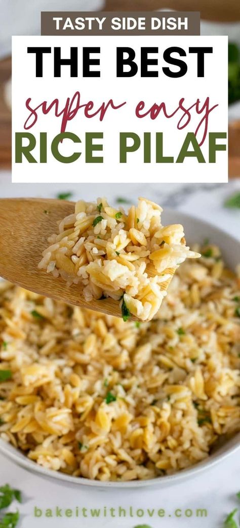 This rice pilaf is made with orzo pasta, long grain white rice, onion, garlic, chicken broth, and just a little salt. It's a super easy recipe that makes a fantastic side dish for chicken, beef, pork, seafood, and more! Best of all, the rice turns out perfectly fluffy and flavorful in about 30 minutes! BakeItWithLove.com Easy Rice Pilaf Recipe, Recipes Using Jasmine Rice, Orzo Rice Pilaf, Long Grain White Rice Recipes, Orzo Rice Recipes, Rice To Go With Fish, Rice Side Dishes For Chicken, Rice Pilaf Recipe Easy, Best Rice Pilaf