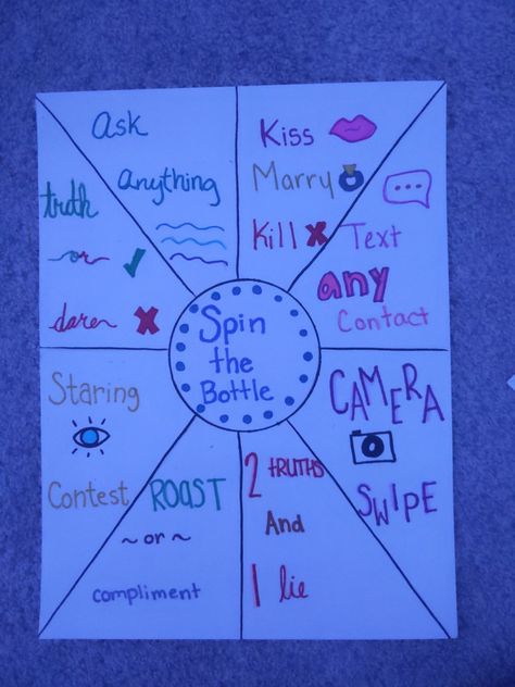 Spin The Bottle Clean Version, Spin The Wheel Game Ideas Drinking, Spin The Bottle Drinking Game, Sleepover Spin The Wheel, Spin The Wheel Drinking Game, Sleepover Ideas Spin The Bottle, Spin The Bottle Ideas For Friends, Spin The Bottle Game, Adult Game Night Party