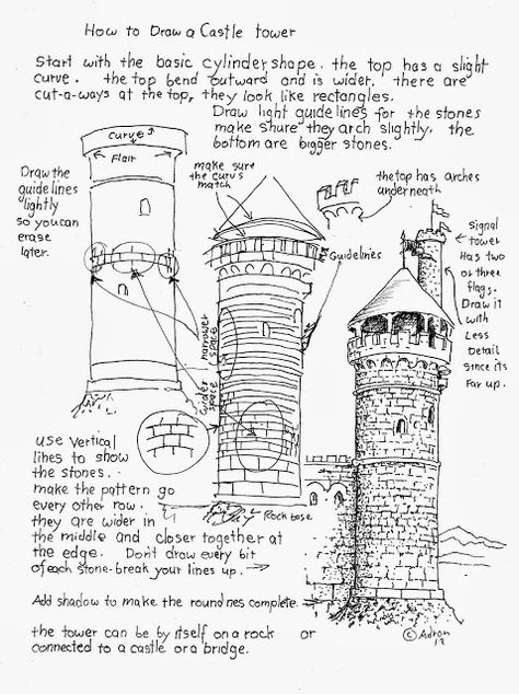 How to Draw A Castle Tower. Worksheet Draw A Castle, Build A Castle, Castle Drawing, Drawing Eyes, Castle Tower, Architecture Drawing Art, Basic Drawing, Landscape Designs, A Castle