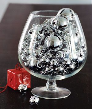 Silver Bells as a vase filler Bell Centerpiece, Brandy Snifter, Festive Holiday Decor, 22 December, Navidad Diy, 12 December, Silver Bells, Silver Christmas, Jingle Bell