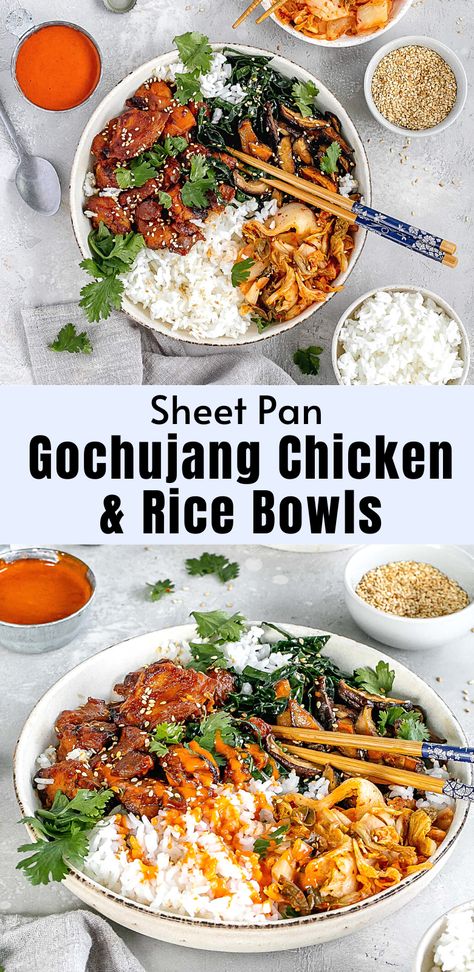 Korean Chicken Meal Prep Bowls, Korean Chicken And Rice Bowl, Rice Bowls Korean, Gochujang Chicken Rice Bowl, Chicken Korean Bowl, Korean Chicken Bowl Recipe, Korean Chicken Meal Prep, Asian Recipes Meal Prep, Korean Chicken Bowls