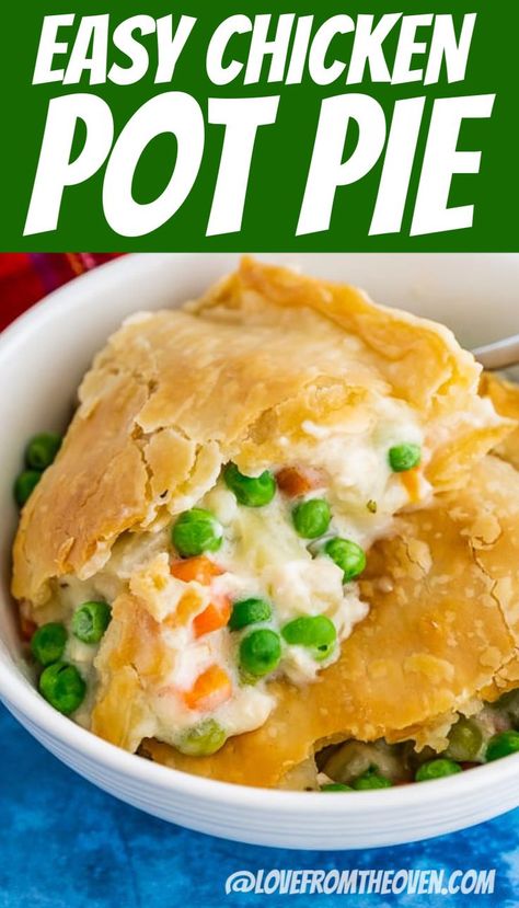 With a few time saving shortcuts, you can make this delicious CHICKEN POT PIE on a busy weeknight. No cream of can of soup, this has a delicious homemade filling! A great family dinner. #chickenpotpie #chicken #potpie #casserole #dinner #easydinner #familydinner #dinnerrecipes #food #pickyeaters #vegetables #lftorecipes Chicken Pot Pie Casserole No Cream Soup, Chicken Pot Pie Canned Vegetables, Chicken Pot Pie With Canned Vegetables, Marie Callendars Chicken Pot Pie Recipe, Chicken Pot Pie Recipe With Cream Soup, Chicken Pot Pie No Cream, Chickenpotpie Recipes, Best Easy Chicken Pot Pie Recipe, Easy Chicken Potpie