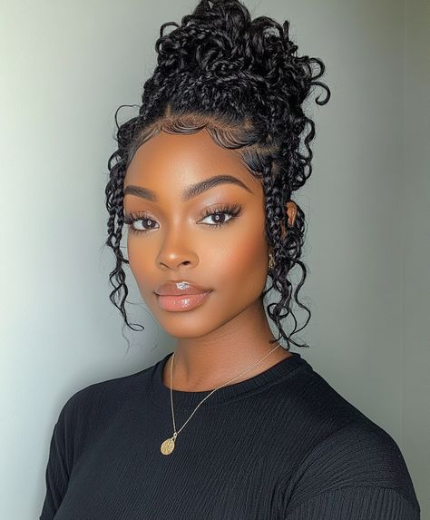 👑 Edgy Curly Updo With Braid Glamorous Braids Updo Hairstyle Boho Braids Updo, Natural Hairstyles Updo, Curly Hair Updo Easy Natural Curls, Updo For Curly Hair, Updo With Braid, Updo Hairstyles For Black Women, Cornrow Updo, Coily Natural Hair, 3c Natural Hair