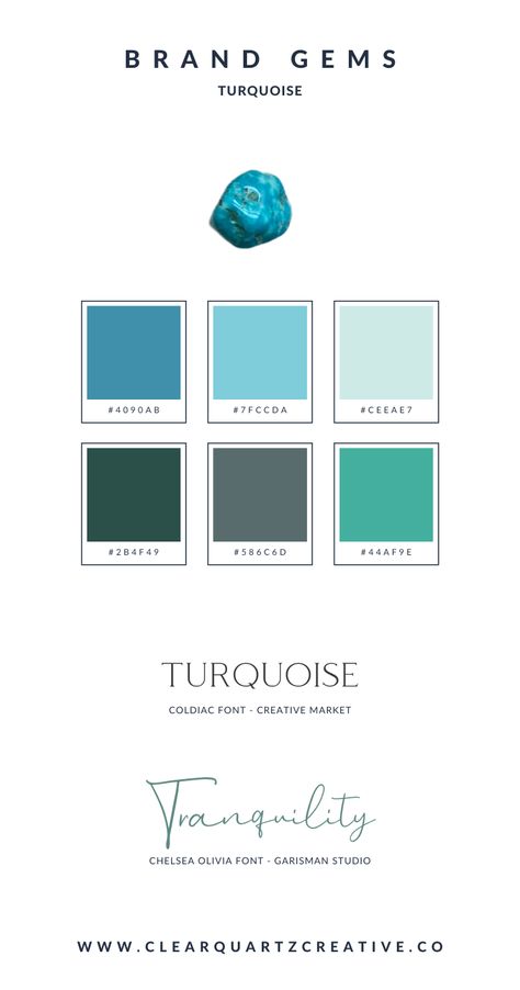 Turquoise - Coldaic Font - Chelsea Olivia Font - Brand gems are created to delight and energize you on your quest to build a brand. Feel free to use them as a guide and inspiration for your personal or business branding ideas! If you find one or more of them that speaks to your intuition, please pin them to your Pinterest boards. Turquoise Branding Color Schemes, Business Branding Ideas, Fb Logo, Chelsea Olivia, Turquoise Logo, Brand Essence, Turquoise Branding, Turquoise Color Palette, Brand Palette