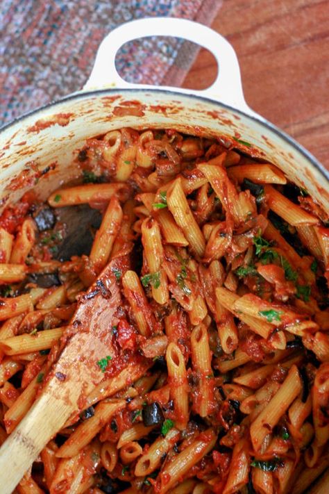 Eggplant, Caramelized Onion and Tomato Pasta Recipe | Well Vegan Eggplant Recipes Pasta, Eggplant Pasta, Meatless Mains, Tomato Pasta Recipe, Savory Dishes, Caramelized Onion, Tomato Pasta, Eggplant Recipes, Scoop Neck Long Sleeve