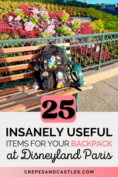 Your Disney packing list just got easier! Here is 25 insanely useful items to put in your DIsneyland Paris backpack! Along with clothes to take, shoes to wear and funny Disney extras to consider. Follow for more Disneyland Paris tips #crepesandcastles #disneyblogger #packingtips #disneylandparistips Disney Paris Packing List, Disneyland Paris Packing List, Disney Essentials Packing Lists, Disneyland Paris Essentials, Disneyland Must Haves, Disneyland Park Bag Essentials, What To Pack For Disneyland, Preparing For Disneyland, Disneyland Packing List