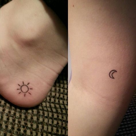 Best friend stick and poke tattoos. Sun and moon, hand poked. Placements: foot (heel) and inner arm. Small Stick And Poke Tattoo Matching, Stick And Poke Tattoo Best Friends, Matching Stick And Poke Tattoos For Best Friends, Easy Matching Stick And Poke Tattoo, Stick And Poke Tattoo Sun And Moon, Sun Stick N Poke, Stick And Poke Sun Tattoo, Sun And Moon Stick And Poke, Stick And Poke Matching Tattoos