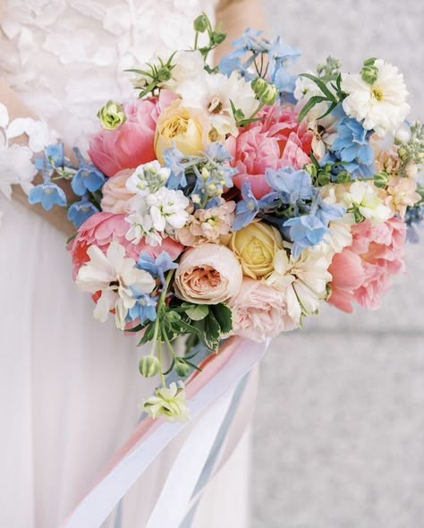 Pastel Peony Bouquet, Pastel Flowers For Wedding, Summer Bouquet Flowers Wedding, Yellow Pink Blue Flower Arrangement, Pink Blue Yellow Bouquet, Blue Yellow Pink Wedding Bouquet, Pink Peach Blue Wedding Flowers, Bright Pastel Wedding Flowers, Pastel Spring Flowers