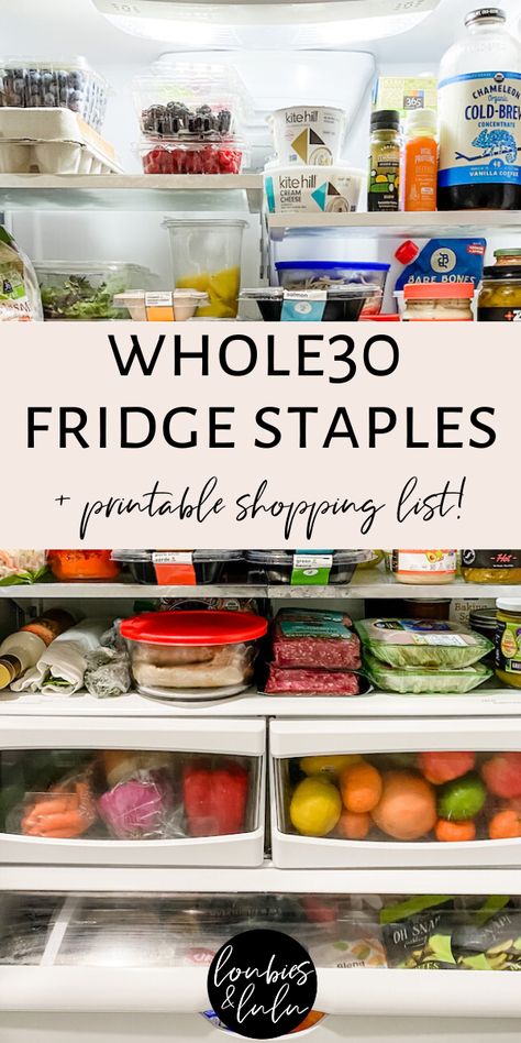 Whole 30 Menu, Paleo Grocery List, Whole Foods List, Whole30 Food List, Fridge Staples, Healthy Fridge, Printable Grocery List, Food Shopping List, Whole30 Dinner Recipes