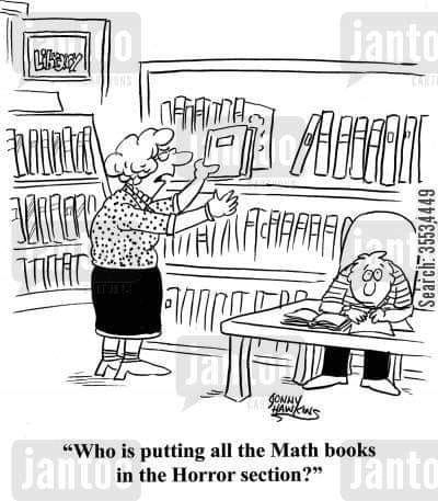 Who is putting all the Math books in the Horror section? Librarian Humor, Math Comics, Math Cartoons, Library Humor, Teaching Humor, Number Bond, Math Jokes, Teacher Memes, Math Humor