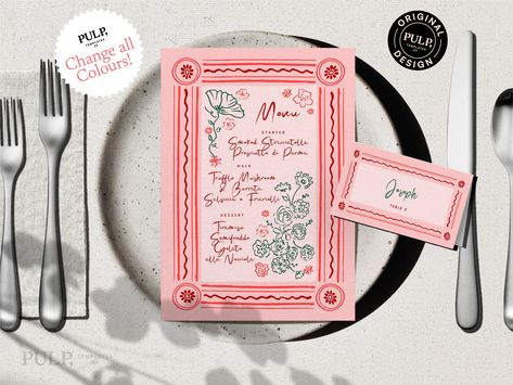 MENU + PLACE CARD Template | Maximalist Dinner Party | Fun Whimsical | Hand drawn & Handwritten doodle illustrated wedding | 0052 Wedding Reception Menu, Birthday Menu, Place Card Template, Halloween Fonts, Font Inspiration, Creative Fonts, Cool Lettering, Party Fun, Menu Template