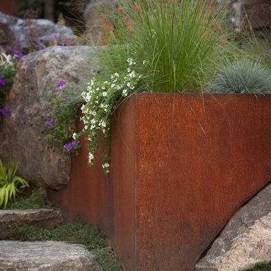 Steel Retaining Wall, Corten Steel Planters, Modern Landscape Design, Steel Planters, Walled Garden, Planter Design, Metal Planters, Native Garden, Modern Landscaping