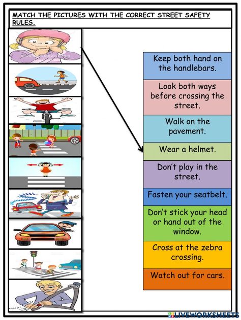 Road safety online activity for 4. You can do the exercises online or download the worksheet as pdf. Street Safety Worksheets, Road Safety Worksheet, Traffic Signs For Kids Activities, Road Safety Activities Preschool, Road Safety Activities, Pedestrian Safety Activities, Safety Rules On Road, Safety Rules At School, Evs Worksheet