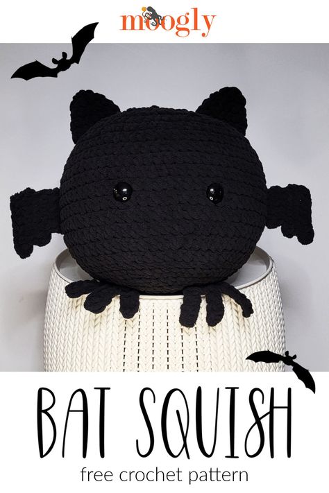 The Bat Squish is a little spooky, but cuddly, and very squishy, free crochet pattern on Moogly! Featuring Bernat Blanket, this pattern will scare you with just how frightfully cute it is! #CALCentralCrochet via @moogly Easy Crochet Squishmallow, Crochet Squish Pattern Free, Bat Plushie Crochet Pattern Free, Crochet Bat Pillow, Blanket Yarn Plushies, Crochet Bat Blanket, Free Crochet Squishmallow Pattern, Crochet Squishmallow Pattern, Squish Crochet Pattern