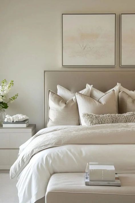 25 Modern Beige Bedroom Ideas for a Warm and Sophisticated Look Beige Modern Bedroom Ideas, Beige Comforter Bedroom, Beige Bed Decor, Beige Beds, White And Taupe Bedroom, Taupe And White Bedroom, Neutral Modern Bedroom, Warm Neutral Bedroom, Modern Beige Bedroom