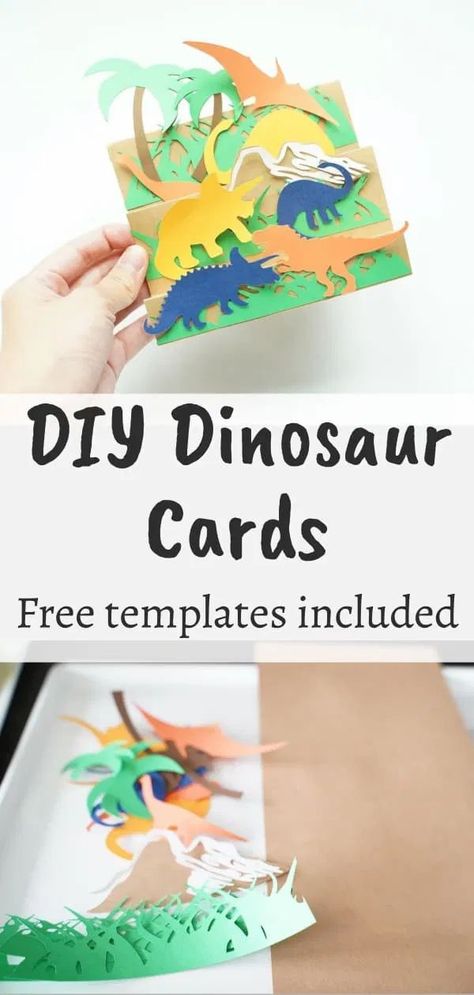 Dino themed cards for Cricut kids craft project idea Dinosaur Cards Handmade, Cards Diy Easy, Cricut Birthday Cards, Cricut Birthday, Handmade Cards Diy, Dinosaur Cards, Card Making Templates, Dad Birthday Card, Birthday Cards For Boys