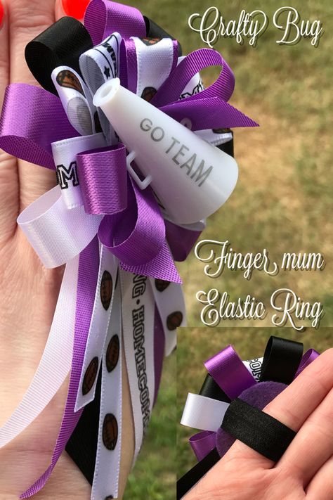 Ring Mums Homecoming, Homecoming Mum Rings Diy, Senior Mums Homecoming White And Purple, Diy Birthday Ribbon, Necklace Homecoming Mums, Homecoming Mums Ideas Unique, Mum Making, Unique Homecoming Mums, Homecoming Mum Name Chain