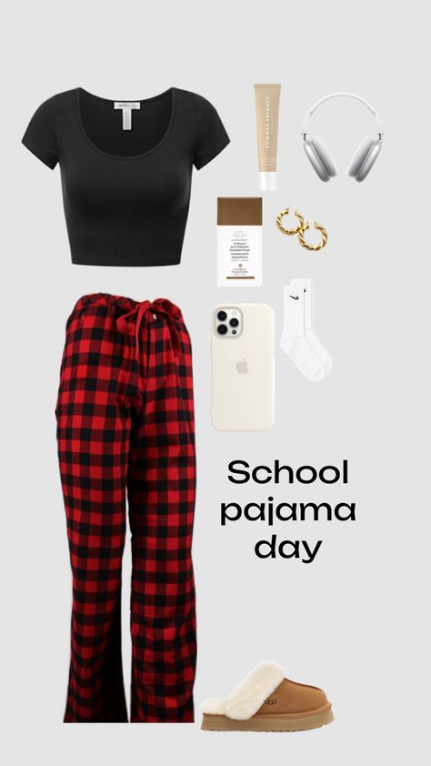 Outfit Ideas With Pajama Pants, Outfits For Pajama Day At School, Plaid Christmas Pants, Cute Pjs Outfits For School, Cute Pajama Outfits For School, How To Style Pajama Pants, Outfit Ideas Pjs, Plaid Pj Pants Outfit, Pajama Day At School Outfits