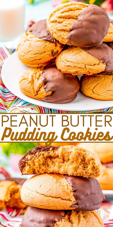 Peanut Butter Pudding Cookies - These chocolate-dipped peanut butter pudding cookies are SOFT AND CHEWY on the inside thanks to the addition of pudding mix in the cookie dough! Dipping them in dark chocolate makes for the PERFECT flavor combo!! Peanut Butter Pudding Cookies, Peanut Butter Pudding, Pudding Cookies Recipes, Baking Therapy, Cookies Jar, Butter Pudding, Averie Cooks, Chewy Peanut Butter Cookies, Recipes Cookies