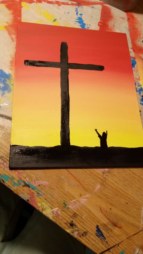 Easy Cross Paintings On Canvas, Painting Ideas On Canvas Christian Faith, Bible Painting Ideas On Canvas, Christian Things To Paint, Christian Art Painting Simple, Jesus Painting Ideas, Faith Paintings Canvas, Jesus Painting Canvases, Worship Art Painting