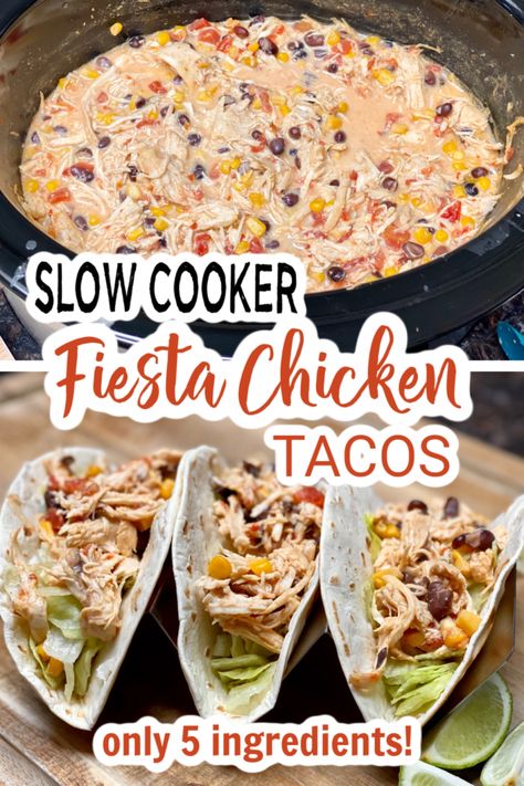 FIESTA CHICKEN TACOS - SLOW COOKER - Family Dinner Delights Fiesta Chicken Tacos, Crockpot Tacos, Slow Cooker Chicken Tacos, Fiesta Chicken, Salsa Guacamole, Chicken Tacos Crockpot, Crockpot Healthy, Crock Pot Tacos, Crockpot Dishes