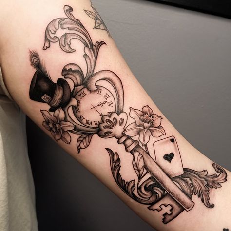 Alice in Wonderland memorial piece 👒 🔑 . #voigtyink #tattoo #tattoos #ink #inked #art #tattooart #tattooed #tattooideas #artist #blackwork #tattoodesign #tattooing #tattooist #blackandgreytattoo #tattoostyle #drawing #tattooer #design #linework #Australia #brisbane #illustration Wonderland Tattoo Sleeve, Alice In Wonderland Tattoo Sleeve, Alice In Wonderland Tattoo, Alice And Wonderland Tattoos, Australia Brisbane, Wonderland Tattoo, Alice And Wonderland, Alice's Adventures In Wonderland, Adventures In Wonderland