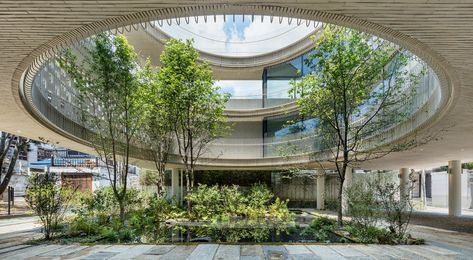 Mixed Use Building, Atrium Garden, White Pine Tree, Airport Design, Eco Architecture, Mix Use Building, Sunken Garden, Architecture Design Drawing, Exposed Concrete