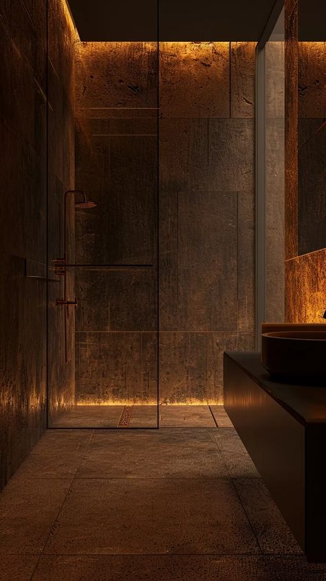 Dark Shower Aesthetic, Dark Modern Bathroom, Dark Brown Bathroom, Bathroom Tile Design Ideas, Bathroom Lighting Ideas, Tile Design Ideas, Dark Wood Bathroom, Dallas House, Industrial Style Bathroom