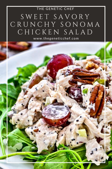 Sonoma Chicken Salad made with chicken, grapes, pecans, onion, and celery, all tossed with a creamy poppy seed dressing. This isn’t your typical chicken salad. This one is sweet, savory, and crunchy all in one bite.
#chickensalad #chicken #salad #lunch | @thegeneticchef Chicken Salad Poppy Seed Dressing, Chicken Salad With Cherries, Grape And Walnut Chicken Salad, Cranberry Pecan Chicken Salad With Poppy Seed Dressing, Chicken Salad Grapes Pecans, Serving Chicken Salad At A Party, Sonoma Chicken Salad Recipe, Chicken Salad With Poppy Seed Dressing, Grape Pecan Chicken Salad