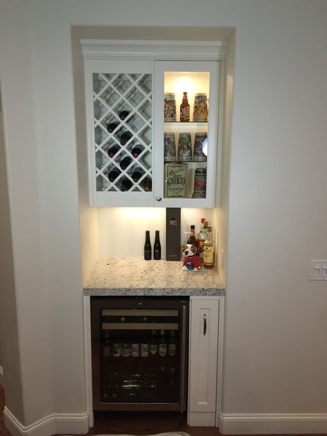 Mini Wine Refrigerator, Mini Bar Nook, Closet Into Coffee Bar, Wine Station Ideas, Built In Mini Bar, Liquor Closet, Closet Bar Ideas, Small Built In Bar, Built In Bar In Living Room