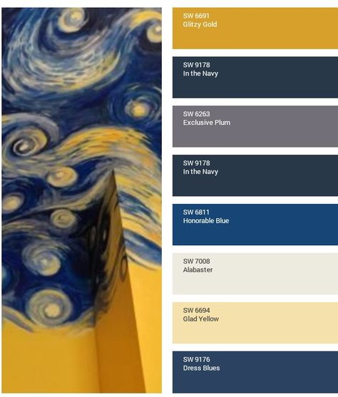 Starry Night Bedroom Decor, Starry Night Van Gogh Color Palette, Starry Night Interior Design, Starry Night Bedroom Ideas, Starry Night Pallet, Starry Night Color Pallete, Starry Night Home Decor, Starry Night Color Scheme, Space Room Color Palette