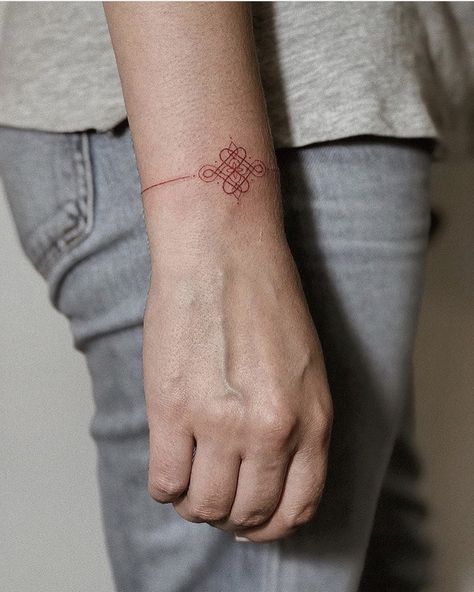 Chinese Knot Tattoo, Spiral Tattoos, Wrap Around Tattoo, Ankle Bracelet Tattoo, Knot Tattoo, Hand Poked Tattoo, Red Tattoos, Tattoo Bracelet, Cool Small Tattoos