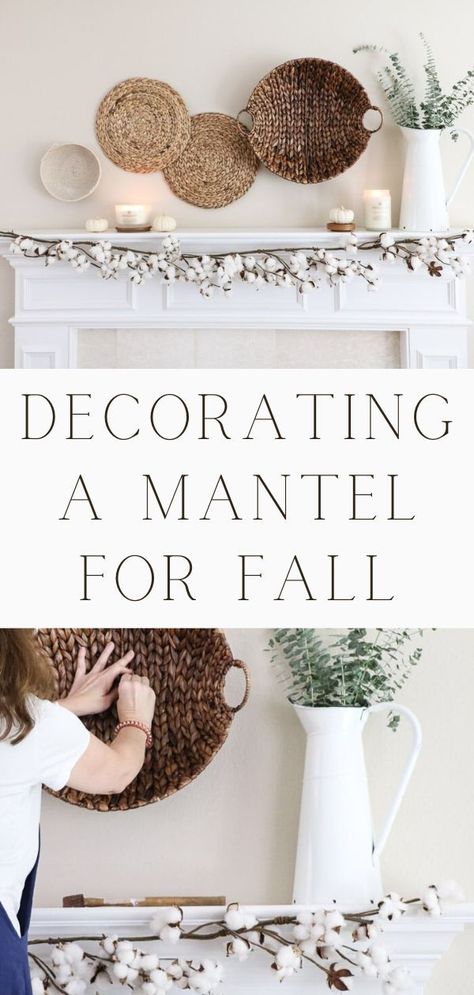 These fall decor ideas for your mantle will bring a warm cozy festive feeling into the heart of your home. Simple Ideas for decorating a mantel for fall, including baskets, candles, and pumpkins for an elegant modern, country farmhouse cottage minimalist design. Using neutral and white colors and the Chesapeake Bay candle. Easy autumn decorating steps for mantle fireplace with vintage decorations. Fall decor ideas. Living room fire place #falldecor #candles #baskets Fall Decor Ideas Living Room, Living Room Fire Place, Decorating A Mantel, Cottage Minimalist, Mantle Fireplace, Fall Mantle Decor, Chesapeake Bay Candles, Diy Fall Decor, Vintage Decorations