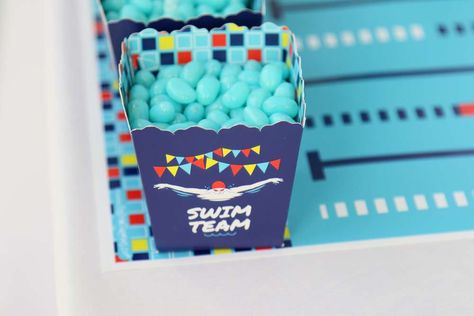 Making Waves Swim Team Party | CatchMyParty.com Swim Team Party, Swim Banquet, Candy Treat Box, Swimmer Girl Problems, Banquet Ideas, Swimming Party, Olympic Games Sports, Birthday Party Treats, Swimming Quotes