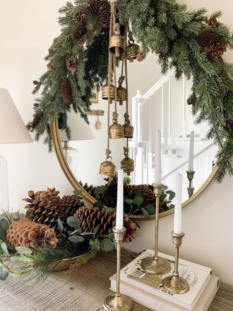 Neutral and Gold Christmas Entryway | Bless This Nest Christmas Mirror, Christmas Entry, Christmas Entryway, Cozy Christmas Decor, Neutral Christmas Decor, Christmas Decor Inspiration, Christmas Mantel, Cottage Christmas, Christmas Mantels