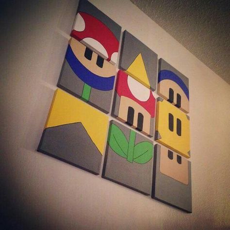 Mario Painting Canvases, Mario Mural, Mario House, Mario Wall Art, Mario Painting, Mario Bedroom, Mario Wall, Mario Room, Classic Nintendo