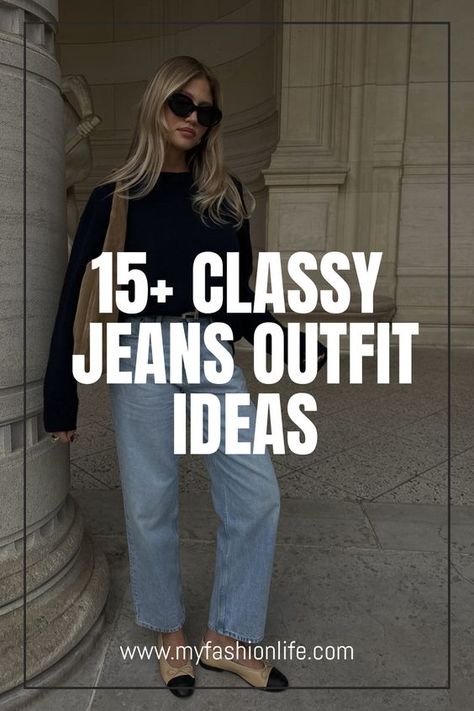 Think jeans can't be classy? Here's 13 game changing tips for looking classy in jeans! These insider tips and classy jeans outfit ideas will help you put together an elegant jeans outfit! [ how to look classy in jeans | classy jean outfit ideas | how to look elegant in jeans | classy jeans look | classy jeans and heels outfit ] Dress Up Your Jeans Outfit Ideas, Polished Jeans Outfit, Dressy Casual Outfits Jeans, Semi Formal With Jeans, Jeans And Block Heels Outfit, White Silk Shirt Outfit Jeans, Dressing Up Jeans For Night Out Classy, How To Dress Up Denim Jeans, Fancy Jeans Outfit Classy