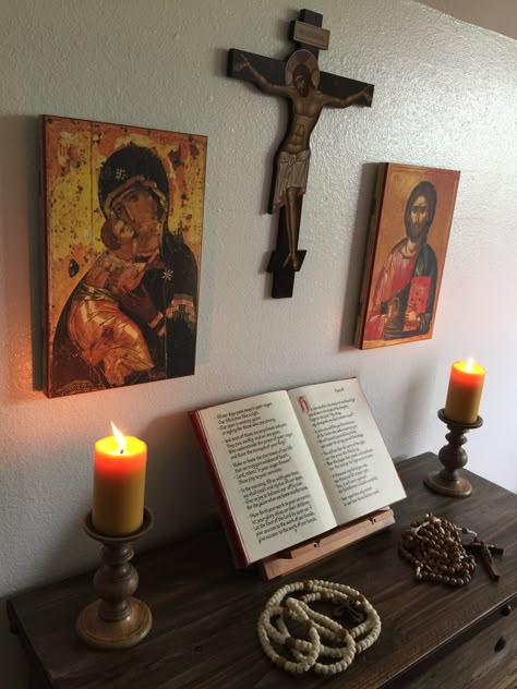 Orthodoxy Aesthetic, Orthodox Aesthetic, Home Altar Catholic, Orthodox Prayers, Catholic Altar, Altar Design, Catholic Decor, Prayer Corner, Eastern Orthodox Church